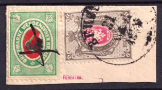 1875 2k Wenden, Livonia on piece with 8k, Russian Empire, Russia (Kr. 10, Sc. L8, Signed, Canceled)