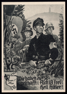 1938 (30 Sept) 'We made it!..', Postcard to Karlsbad, Third Reich Propaganda, Nazi Germany