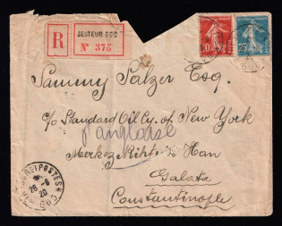 1920 (26 Jun) France registered cover from secteur 600 to Galata (Constantinople)
