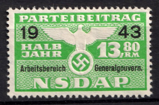 1943 13,80rm NSDAP, Revenue, Swastika, Third Reich Propaganda, Nazi Party Dues, Poland
