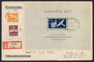 1937 (8 Jun) Germany, Airmail, Registered Cover from Danzig to Stuttgart (Mi. Bl. 2 b, CV $130+)