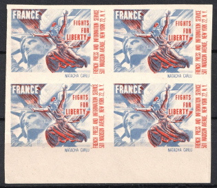 'France Fights for Liberty', French Press, New York, United States, Propaganda, Block of Four (MNH)