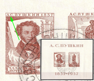 1937 The All-Union Pushkin Fair, Soviet Union, USSR, Souvenir Sheet (MISSED Dot after 'A', Forged Cancellation, CV $80)