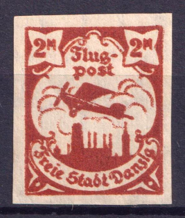 1921 2M Danzig, Germany, Airmail (Mi. 69 X U, Imperforated, Signed, CV $50)