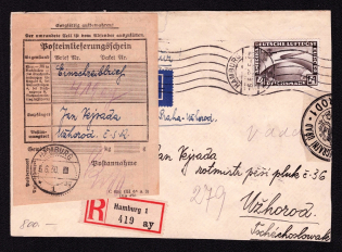 1930 (6 Jun) Germany, Zeppelin Registered Airmail cover from Hamburg to Uzhorod (Czechoslovakia, Ukraine currently), flight Hamburg - Berlin - Praha - Uzhorod, Mi#439 CV $500, delivery slip and Uzhhorod Post and Telegraph Office label, very scarce