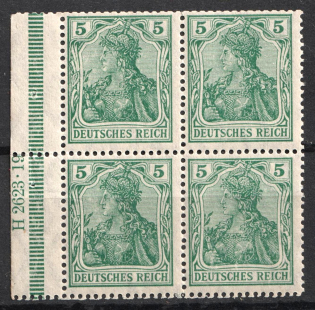 1915-19 5pf German Empire, Germany, Block of Four (Mi. 85 II HAN)