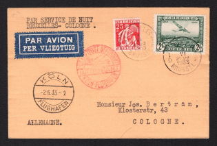 1933 (2 Jun) Belgium, Airmail postcard from Brussels to Cologne (Germany) with red Cologne airmail handstamp