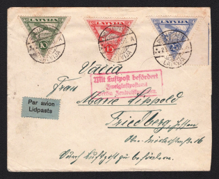 1930 (23 Jul) Latvia Airmail cover from Riga to Berlin with airmail handstamp, franked with the full set of 1928