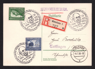 1938 (8 Jul) Germany, Third Reich Registered Airmail postcard from Konstanz to Tuttlingen, with special postmark and franked with the full set of 1938