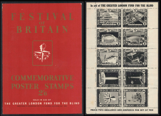 1951 Festival of Britain, 'In Aid of The Greater London Fund for the Blind', Great Britain, Stock of Cinderellas, Non-Postal Stamps, Labels, Advertising, Charity, Propaganda, Full Sheet
