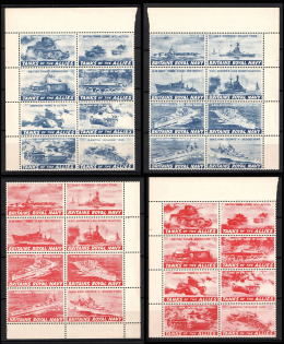 1940 British Royal Navy, Tanks, WWII, Great Britain, Stock of Cinderellas, Non-Postal Stamps, Labels, Advertising, Charity, Propaganda, Blocks (Corner Margins, MNH)