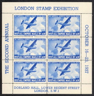 1937 2nd Annual London Stamp Exhibitoon, 'All Empire Mails by Air', Great Britain, Airships, Stock of Cinderellas, Non-Postal Stamps, Labels, Advertising, Charity, Propaganda, Airmail, Souvenir Sheet