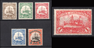1906-19 South West Africa, German Colonies, Kaiser’s Yacht, Germany (Mi. 24 - 28, 29 A, CV $30)