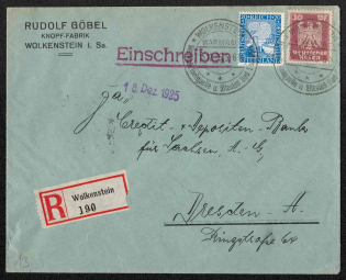 1925 Weimar Republic, Germany, Registered Cover Wolkenstein - Dresden (Mi. 359, 374, Special Cancellation)