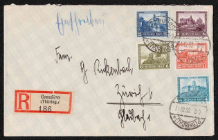 1932 Weimar Republic, Germany, Registered Cover Groisen (Thuringia) - Zurich (Mi. 474 - 478, Full Set, CV $240)