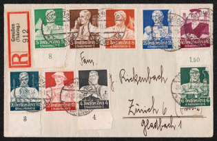 1934 Third Reich, Germany, Registered Cover Groisen (Thuringia) - Zurich (Mi. 556 - 564, Full Set, CV $380)
