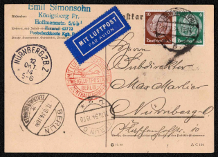 1934 Third Reich, Germany, Postcard Konigsberg - Nuremberg, Airmail