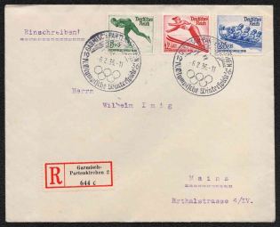 1936 Third Reich, Germany, Registered Cover Garmisch-Partenkirchen - Mainz (Mi. 600 - 602, Full Set, CV $40, Special Cancellation)