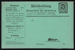 1893 Heidelberg - Germany Local Post, Private City Mail, Postal Stationery, Mint