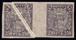 1921 250r RSFSR, Russia, Gutter Pair (Zag. 10 БП, Broken Image, Printing Foldover, 'Accordion', Thin Paper, MNH)