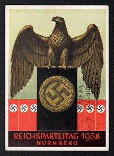 1938 (1 Dec) 'Reich Party Congress 1927-1937 NSDAP', Swastika, Airmail 'Graf Zeppelin', German Propaganda Postcard from Frankfurt am Main to Reichenberg
