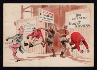 1942 (19 Nov) 'Here the New Europe will Rise', WWII Italy, Anti-Allies Propaganda, Stalin Roosevelt Churchill Caricatures, Postcard
