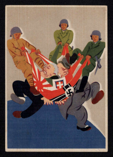 1942 (17 May) 'Greetings to the Fighters of all Fronts: Victory!', WWII Italy, Anti-Allies Propaganda, Roosevelt Churchill Caricatures, Postcard from Genoa