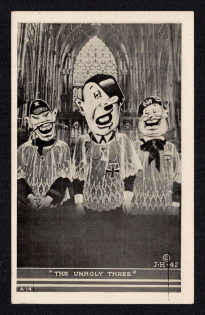 'The Unholy Three', United States, WWII Anti-Axis Propaganda, Hitler Mussolini Caricatures, Postcard, Mint