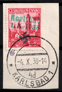 1938 1.5k Occupation of Karlsbad, Sudetenland, Germany (Mi. 11, Karlsbad Postmark, CV $230)