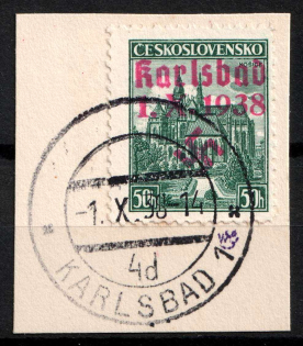 1938 50h Occupation of Karlsbad, Sudetenland, Germany (Mi. 63, Karlsbad Postmark, CV $80)