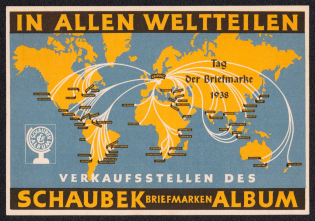 1938 (9 Jan) 'In all Parts of the World...', Advertising Postcard Schaubek Stamp Album, Berlin, Third Reich, Germany, Postcard (Commemorative Cancellation)