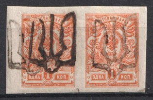 1918 1k Podolia Type 48 (14 b), Ukrainian Tridents, Ukraine, Pair (Bulat 2074, DOUBLE Overprints, Signed, CV $80)