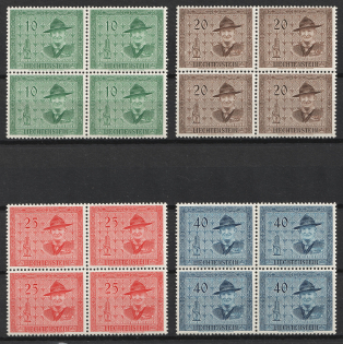 1953 Liechtenstein, Scouts, Blocks of Four, Scouting, Scout Movement, Cinderellas, Non-Postal Stamps (Full Set, CV $390, MNH)
