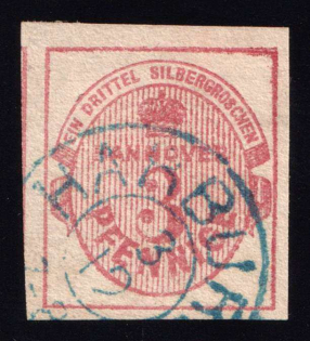 1859 3pf Hanover, Germany (Mi. 13 a, Hamburg Postmark, CV $140)