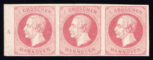 1859 1gr Hanover, Germany, Strip (Mi. 14 a RZ, Plate Number '5', CV $70, MNH)