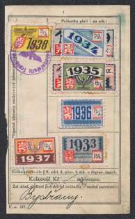 1938 Subscription card of the Czech Railways taken in 1933 and constantly renewed every year- Special stamps from 1933 to 1938 the latter canceled by a Nazi stamp from the TEPLITZ-SCHONAU station, Occupation of Sudetenland, Germany