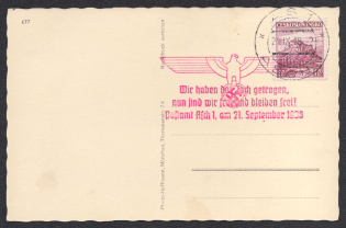 1938 (Sept 21) Postcard (the Fuhrer resting during his trip to the Sudetenland) with obliteration of ASCH and special eagle red on an uncharged Czechoslovak stamp, Occupation of Sudetenland, Germany