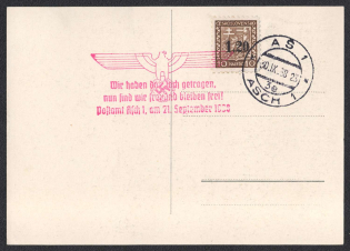 Liberation of ASCH. Card with local overprint and cancellation of 1938 (Sept 30). Commemorative red eagle. Occupation of Sudetenland, Germany