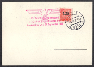 Liberation of ASCH. Card with local overprint and cancellation of 1938 (Sept 30). Commemorative red eagle. Occupation of Sudetenland, Germany