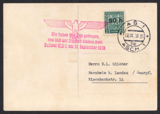 Liberation of ASCH. Card with local overprint and cancellation of 1938 (Sept 30). Commemorative red eagle. Occupation of Sudetenland, Germany