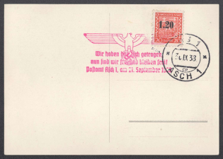 1938 (Sept 30) ASCH Liberation card with commemorative big red eagle and cancellation by bilingual stamp. Occupation of Sudetenland, Germany