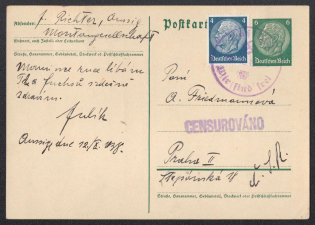 1938 (Oct 12) Card with provisional round stamp of AUSSIG (Usti nad LEbem). Addressed to PRAGUE. Czech Censorship label. Occupation of Sudetenland, Germany