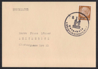 1938 (Oct 8) Postcard at the 'Printed' rate mailed to UMTERHALD for LEITMERITZ at the temporary postal office installed at the Town Hall. Occupation of Sudetenland, Germany