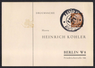 1938 (Oct) Postcard with Provisional stamp ZOSSEN (Sosnova), on printed matter addressed to BERLIN. Occupation of Sudetenland, Germany