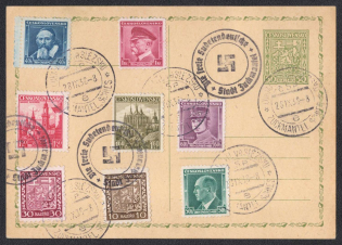 1938 (Sep 28) Postcard sent from ZUCKMANTEL (Cukmantl). Undamaged postmark and temporary round stamp with swastika 'The free German Sudetenland / city of Zuckmantel' in black. Occupation of Sudetenland, Germany