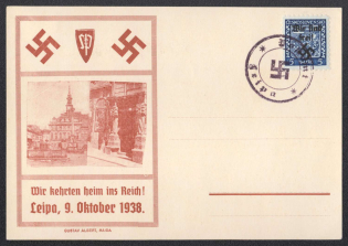 1938 (Oct 9) Special card with overstuffed REICHENBERG postmark and provisional round stamp of BOHMISCH-LEIPA (Ceska Lipa). Occupation of Sudetenland, Germany
