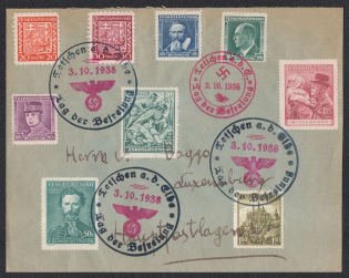 1938 (Oct 3) Letters franked with Czechoslovak stamps and obliterated by the German stamps of the Day of the Liberation of TETSCHEN. Addressed to the post office of LUXEMBOURG - Main. Occupation of Sudetenland, Germany
