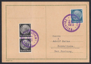 1938 (Oct) Provisional release stamps. Postcard sent from THEUSING to SCHONLINDE. Purple round stamp 'Postamt THEUSING and swastika'. (Touzim). Occupation of Sudetenland, Germany