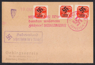 1938 (Oct 10) Card with local overprints and postmark BURGSTEIN (Sloup v Cechach). 'The Sudetenland returns to the Reich!' Occupation of Sudetenland, Germany
