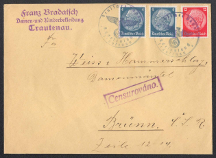 1938 (Oct - Dec) Provisional cancellations pending definitive German stamps. Letter posted in TRAUTENAU (Trutnov) to BRUNN. Stamp official with post office eagle and Czech censorship Postmark. Occupation of Sudetenland, Germany